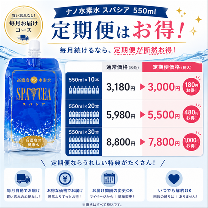 〔毎月お届け定期便10%OFF〕｜水素水スパシア 550ml｜GMP工場製造・長持ち1.4ppm・飲みやすい軟水・無添加